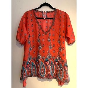 Johnny Was Embroidered Red Silk Blouse S